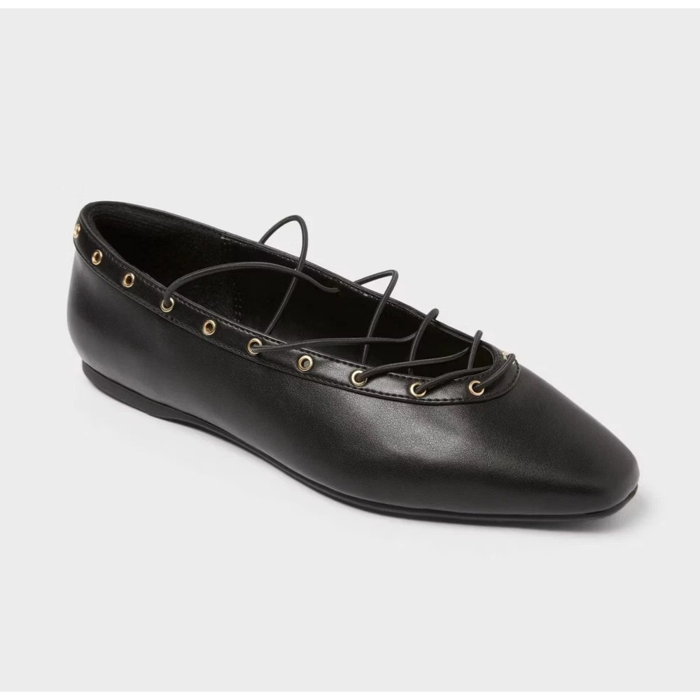 Wild Fable Jay Flats Womens Size 11 Black Faux Leather Gold Grommet D-Toe Shoes